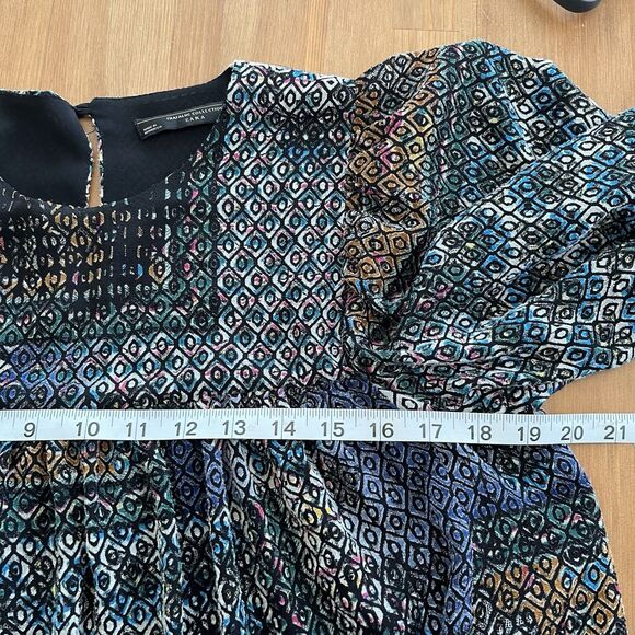 Zara Trafaluc Top Blouse Size Med Geometric Patterned Keyhole Tie Sides Boho - Picture 11 of 12